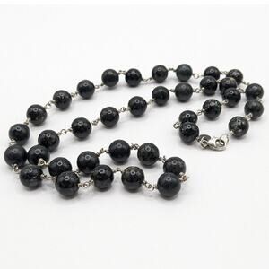 Sterling Silver 925 Black Gemstone Beaded Necklace Rosary Strand Chain WTR